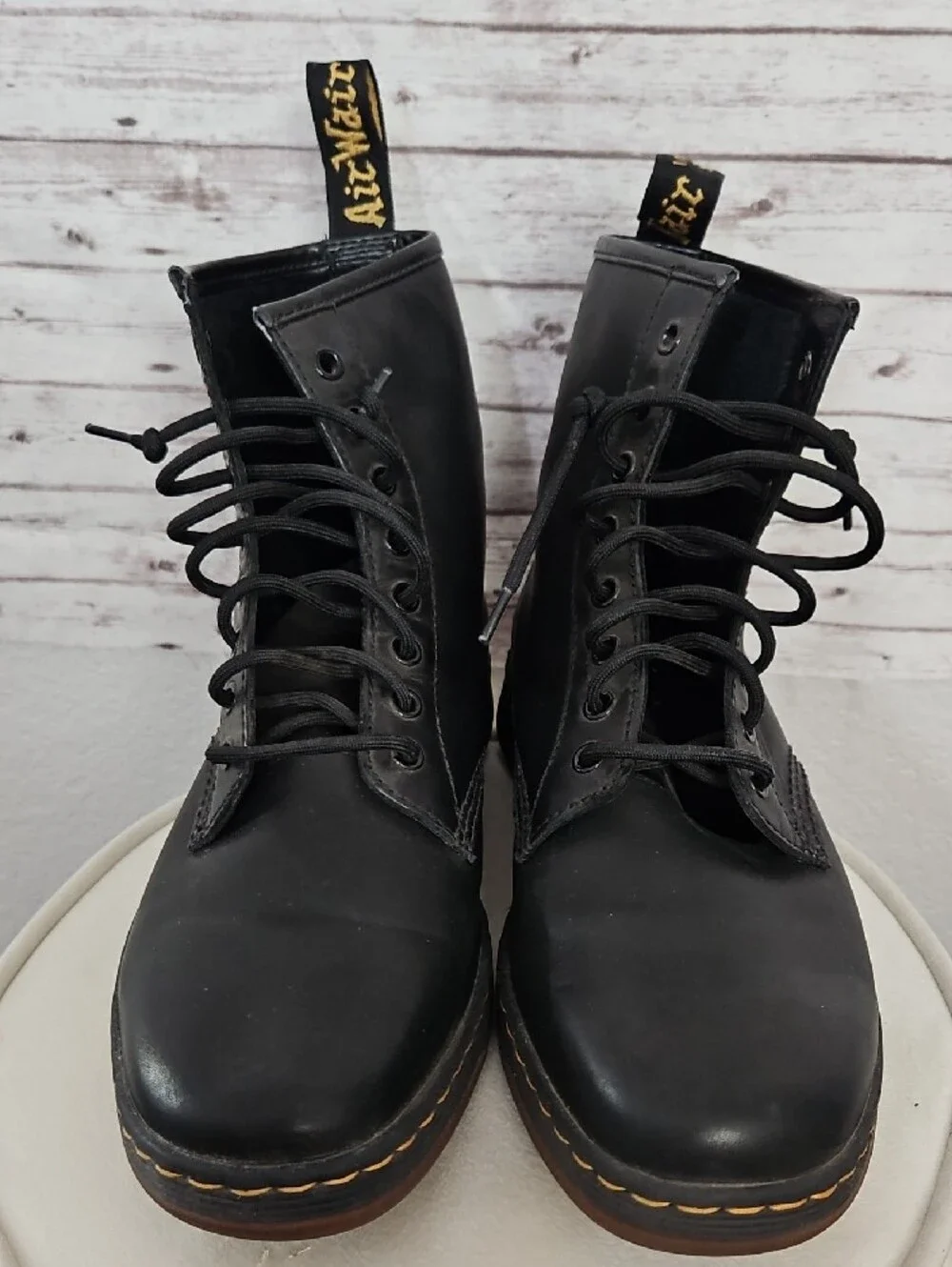 Dr. Martens Black Leather Lace-Up Ankle Boots with Contrast Stitching